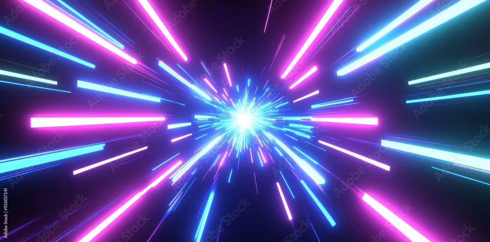 Wall mural 3d rendering of neon colors in blues and purples. speed of light in galaxy. explosion in universe. s