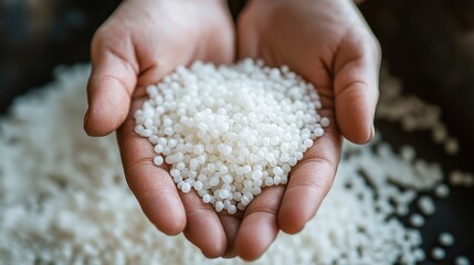 A handful of white plastic pellets 