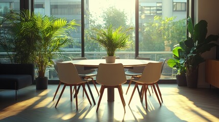 Fototapeta premium Bright, modern dining area with stylish chairs and lush greenery, inviting a warm and vibrant atmosphere in the sunlight.