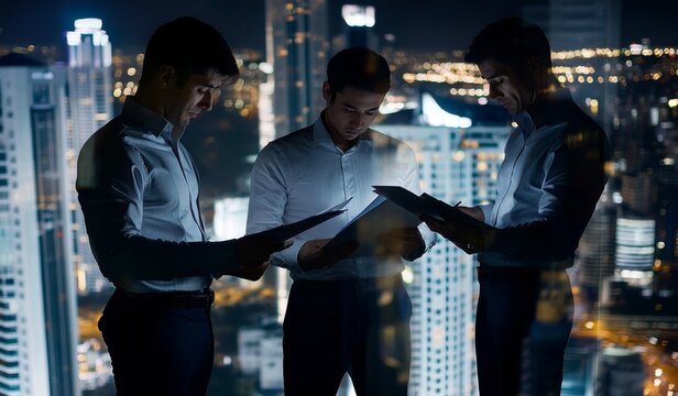 Three business professionals in dark attire holding documents, standing together in an urban cityscape at night with long shadows and illuminated skyscrapers, one man reading while another observes.