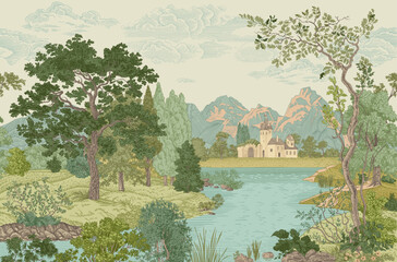 Summer landscape. Woodland. Vector vintage illustration. © OlgaKorneeva