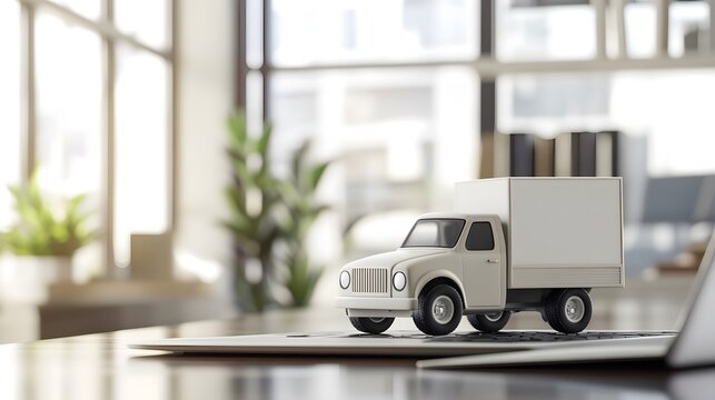 A 3D small truck with a blank white mockup atop a notebook computer, with a blurred, modern office environment in the background, bright, natural light streaming in from large windows, sharp,