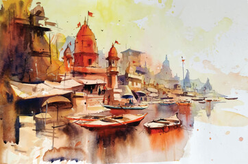 watercolor painting of varanasi ghat, banaras ghat