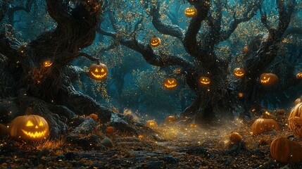 Obraz premium Enchanted forest at dusk, with twisted, ancient trees and glowing pumpkins scattered around, where fantasy creatures gather for a Halloween celebration, surrounded by soft, mystical lighting and a