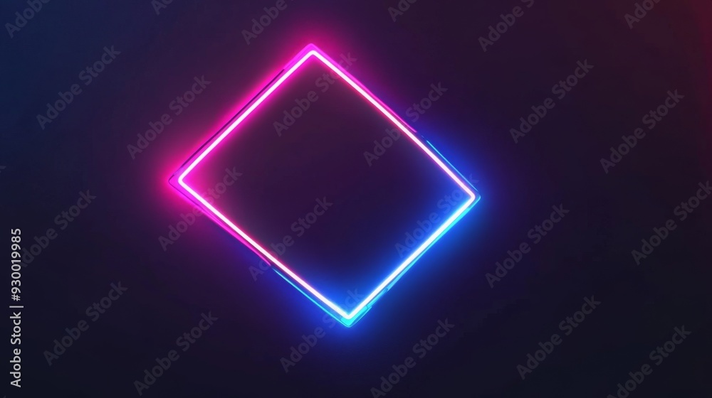 Poster This is a 3D render featuring a square glowing in the dark, pink blue neon light, illuminated frame design. Abstract cosmic colors with glowing neon lights. Neon frame with rounded corners.