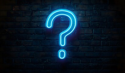 neon question mark on brick wall background. Neon sign with glowing blue light in the shape of big question symbol or exclamation point.