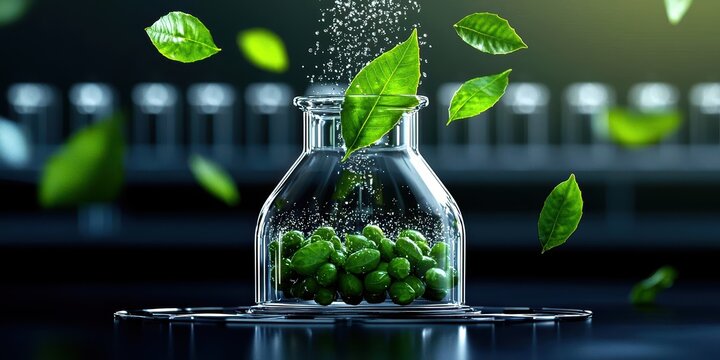 A glass flask contains vibrant green leaves and spheres, symbolizing nature's essence and scientific exploration.