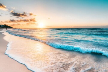 Obraz premium Tranquil beach scene at sunset with turquoise blue waves, golden sunlight, and white foam, serene ocean view with distant swimmers and sandy shore in warm evening tones.
