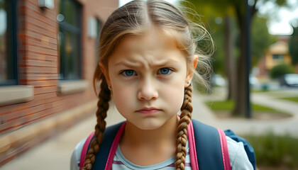 A young Caucasian girl with long blonde hair and blue eyes, wearing a gray shirt and a backpack, looking directly at the camera with a serious expression