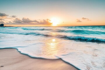 Fototapeta premium Tranquil beach scene at sunset with turquoise blue waves, golden sunlight, and white foam, serene ocean view with distant swimmers and sandy shore in warm evening tones.
