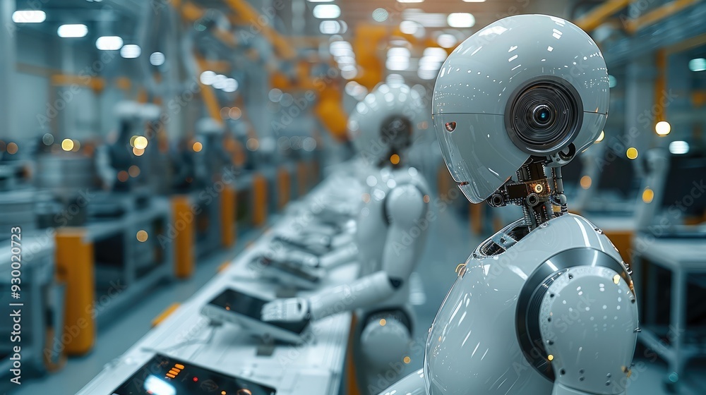 Aufkleber ai robots in a manufacturing plant assembling products, showcasing efficiency and productivity, indu