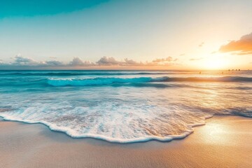 Obraz premium Tranquil beach scene at sunset with turquoise blue waves, golden sunlight, and white foam, serene ocean view with distant swimmers and sandy shore in warm evening tones.
