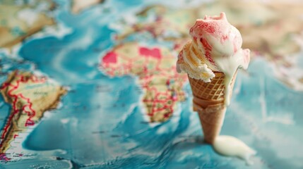 Melting ice cream cone on a world map, illustrating the fragility of the planet and environmental vulnerability.