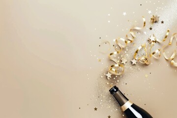 Champagne bottle with golden streamers and white stars on beige background, celebrating New Year's Eve in flat lay style