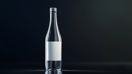 A side view of a product label on a tall glass bottle, blank white label ready for branding, cool, ambient lighting with subtle reflections, minimalist and sleek design with a focus on the label s