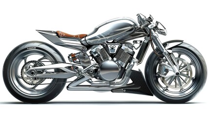 Chrome motorcycle with brown leather seat isolated on white.