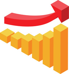 Concept of business growth shown by a red arrow passing over growing yellow chart bars