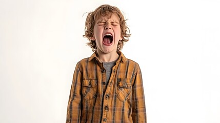 Child sneezing, white background, full-body standing, Sony A9 with 35mm lens, even studio lighting, animated and lively, casual clothing, playful and fun mood
