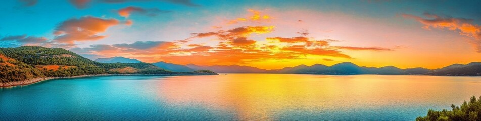 Panoramic view of a tranquil sunset over mountains and sea with orange clouds and blue water, serene landscape with green trees covering the land, creating a peaceful atmosphere in warm tones.