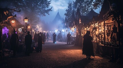 Gothic-style Halloween market at night, with dark, twisted stalls selling spooky, fantasy-inspired items, and eerie figures in creative costumes wandering through the soft, misty light