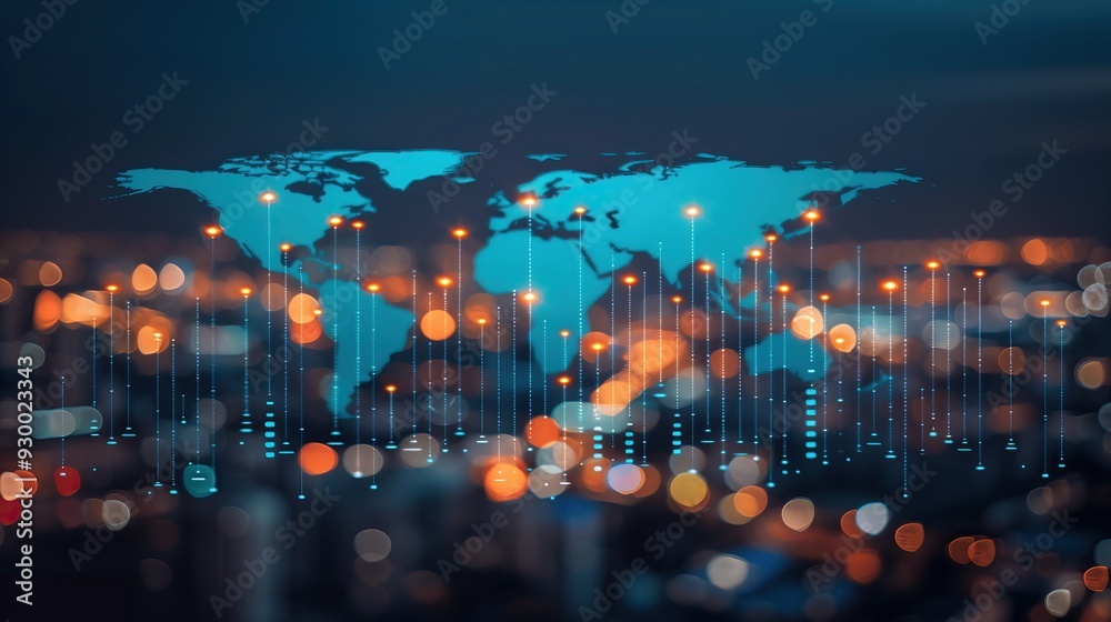 Poster abstract world map with glowing lines lights technology network background