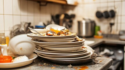 Messy Kitchen with Pile of Dirty Dishes After Party Cleanup