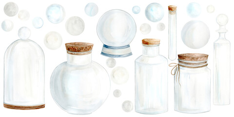 Glass empty Bottles, cap, balloon and test tubes. Watercolor illustration hand drawn on a white background. Suitable for designs and greeting cards.
