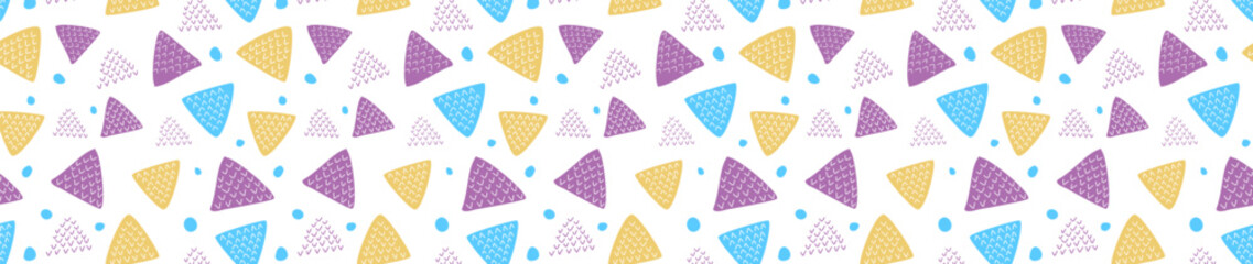 Abstract geometric pattern with colorful triangles and dots on a white background