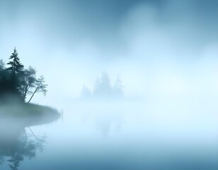 Fototapeta premium dense fog enveloping a serene lake, obscuring the distant trees and creating an ethereal atmosphere create with ai