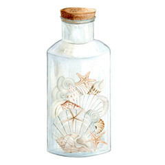 Beige sea shells, pebbles and seaweed in glass bottle watercolor illustration isolated on aqua background. Hand drawn ocean clams clipart for nautical and seaside designs in monochrome pastel colors
