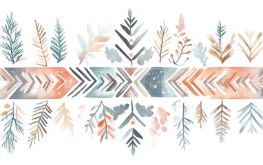 Watercolor boho pattern with leaves and geometric shapes