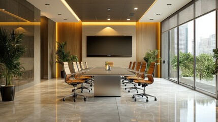 Fototapeta premium Modern conference room featuring sleek chairs, large table, and floor-to-ceiling windows for ample natural light.