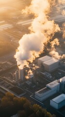 Steam and emissions rise from a carbon capture facility at sunset, highlighting environmental technology in action