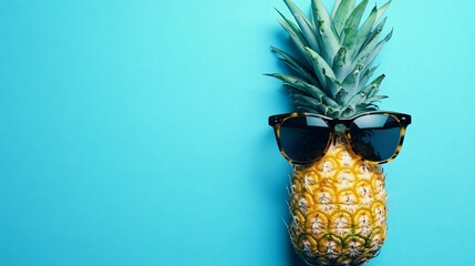 Cool Pineapple with Sunglasses on Blue Background Top View