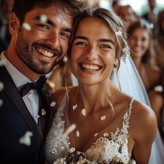 Wedding, happy couple, many people happy, celebrating. Generative AI.