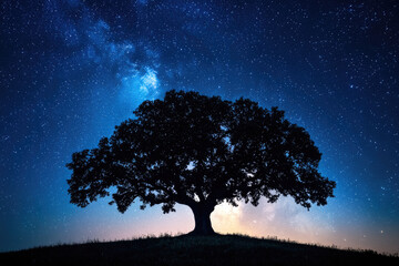 Obraz premium Milky Way Behind a Silhouetted Tree Under the Night Sky