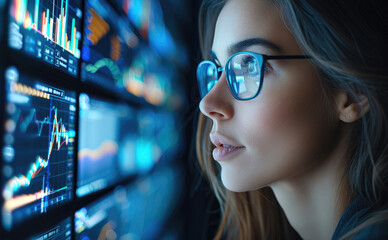 Businesswoman analyzing market trends on multiple screens, symbolizing economic strategy, modern office. Generative AI.