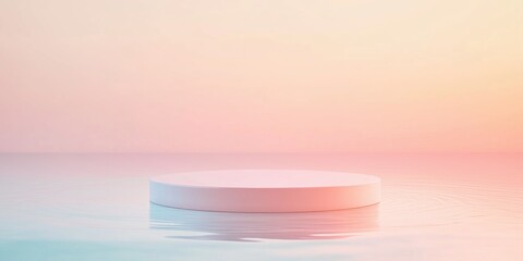 3D mockup of a colored round podium placed on water and colored background. Round platform in the middle, podium with product advertising. Minimalistic style filled with pastel gradient