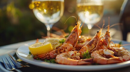 Delicious Cooked Shrimps Platter with Lemon Garnish