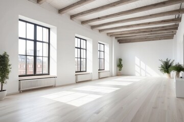 Fototapeta premium Bright, Minimalist Loft Apartment with Exposed Wooden Beams