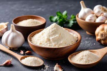 Fototapeta premium Garlic Powder in Wooden Bowls with Fresh Garlic Cloves