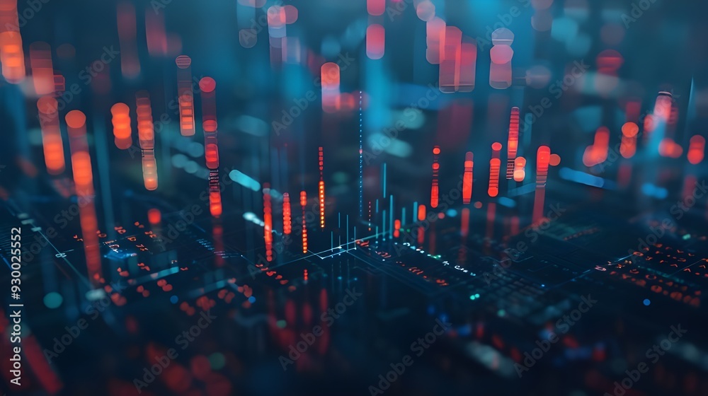 Wall mural A stock market graph with candlestick charts and trading chart lines on dark blue background.