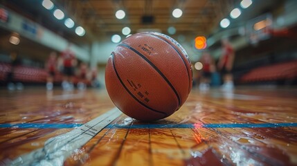 A basketball sits on the floor, with players engaged in practice in the background, capturing the essence of teamwork and athletic spirit