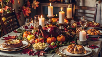 Festive Thanksgiving Dinner Table with Autumn Decorations