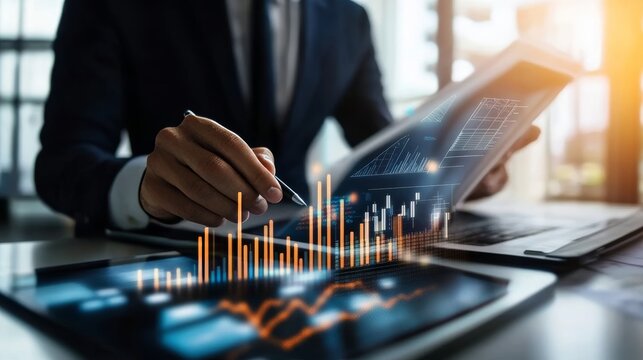 Businessman analyzing sales data with digital tools for strategy and marketing innovation