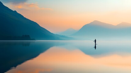 A lone fisherman casting a line into a calm, glassy lake, evening light creating a warm, tranquil glow, background blurred with the gentle colors of a fading sunset and distant mountains, serene and