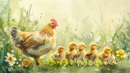 Fototapeta premium A charming watercolor illustration of a hen leading her adorable chicks through a green, flower-filled meadow.