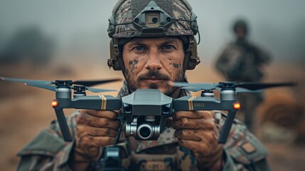 Fototapeta premium A soldier clad in camouflage holds a drone, focused and alert, amidst a misty battlefield landscape during early morning