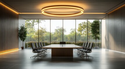 Modern conference room with a large table, elegant chairs, and abundant natural light from panoramic windows.