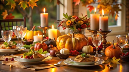 Festive Thanksgiving Dinner Table with Autumn Decorations